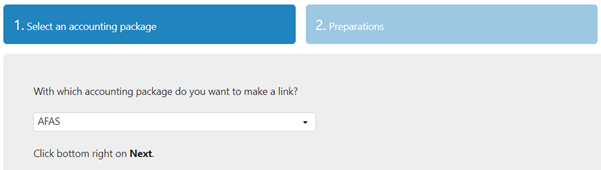 Link TriFact365 with AFAS. Step 1. Select AFAS and click Next