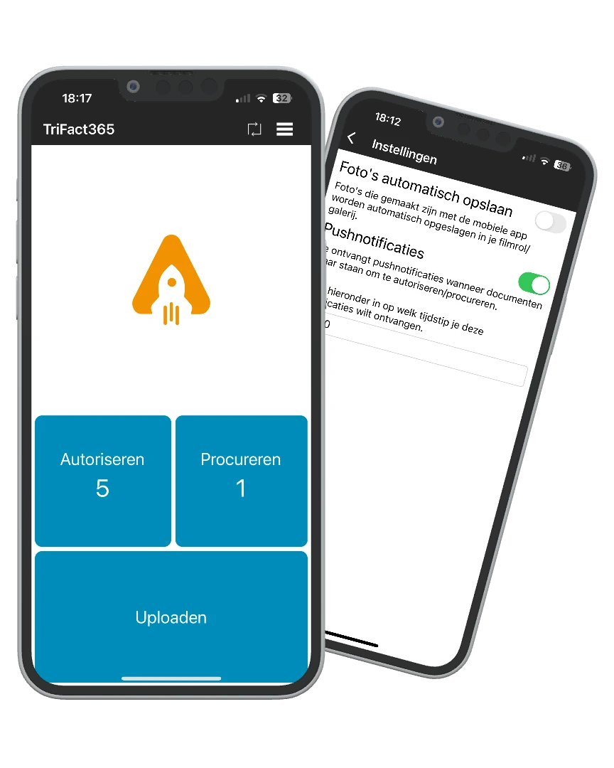 De mobiele app van TriFact365 op twee verschillende telefoons. Op de eerste telefoon het dashboard, op de tweede telefoon het scherm met insteellingen. De instelling "foto's automatisch opslaan" en "Pushnotificaties" zijn zichtbaar.