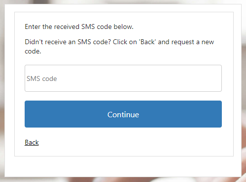 Enter received SMS code to reset two-factor-authentication in TriFact365