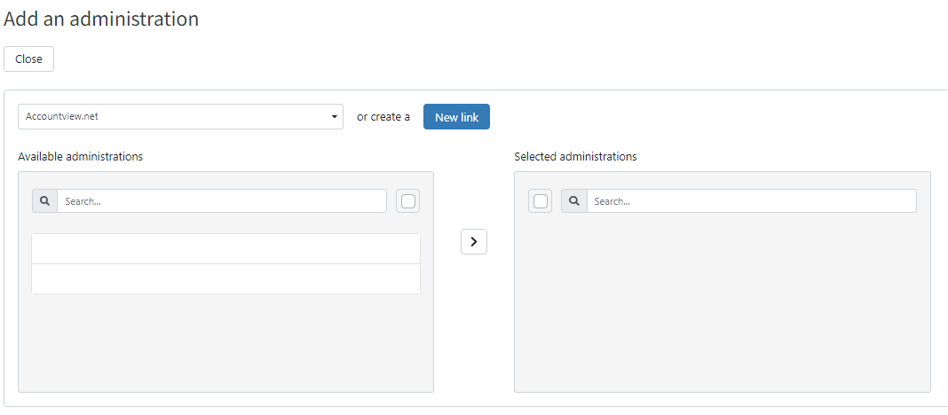 Printcreen of the "add an administration screen where a Link can be selected in the top left, and the available administratieons can be selected on the left.