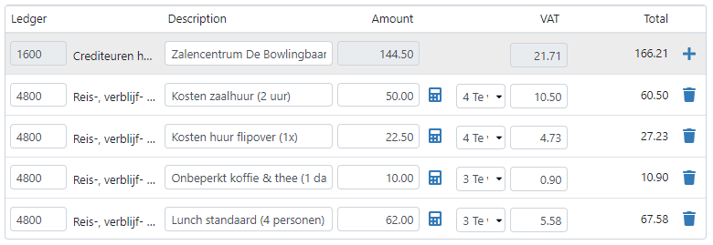 5 lines that each have different descriptions, amounts and VAT codes and amounts,