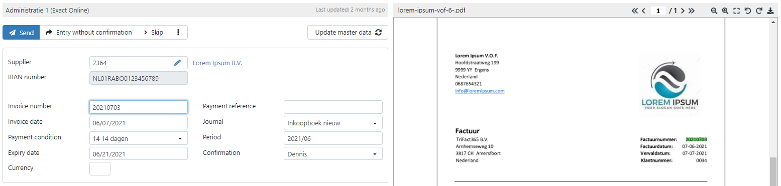 Printscreen showing the invoices number input field is selected and the invoice number  is marked in green on the invoice.