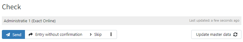 A printscreen of the top left of the Check screen in TriFact365 that shows the update master data button tho the right of the "send, entry without confirmation and skip" buttons.
