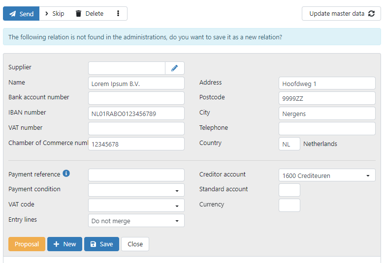 The following relation is not found in the administration, do you want to save it as a new relation?