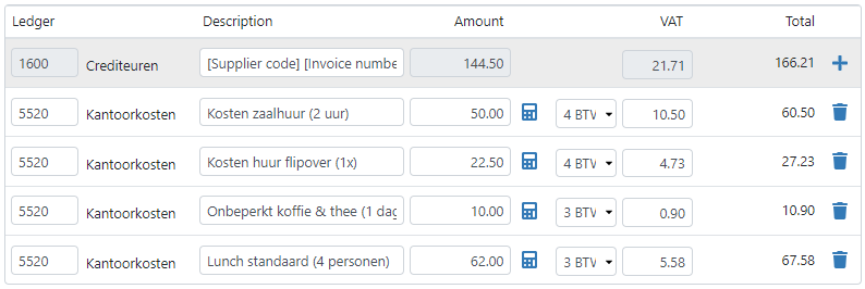 Entry lines in TriFact365 with the VAT calculator 