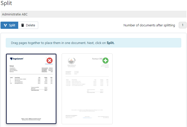 Deleting a page during splitting a document in TriFact365