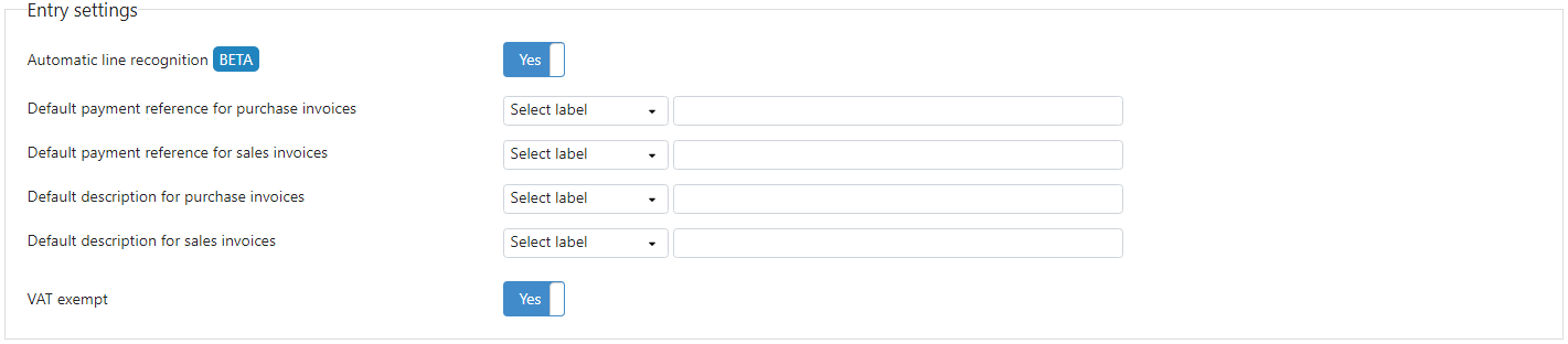 Default payment reference for purchase invoices: Select label. Default payment reference for sales invoices: Select label