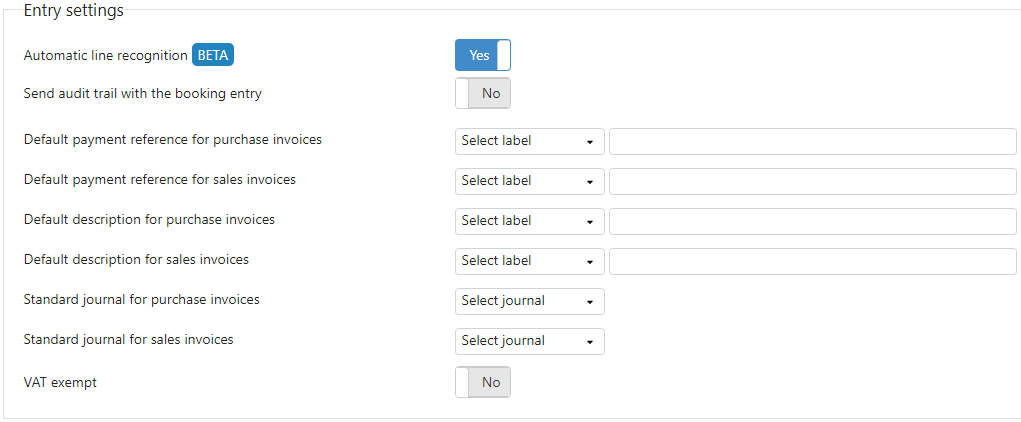 A list of Entry Settings in TrIFact365 including default journal for purchase invoices and default journal for sales invoices