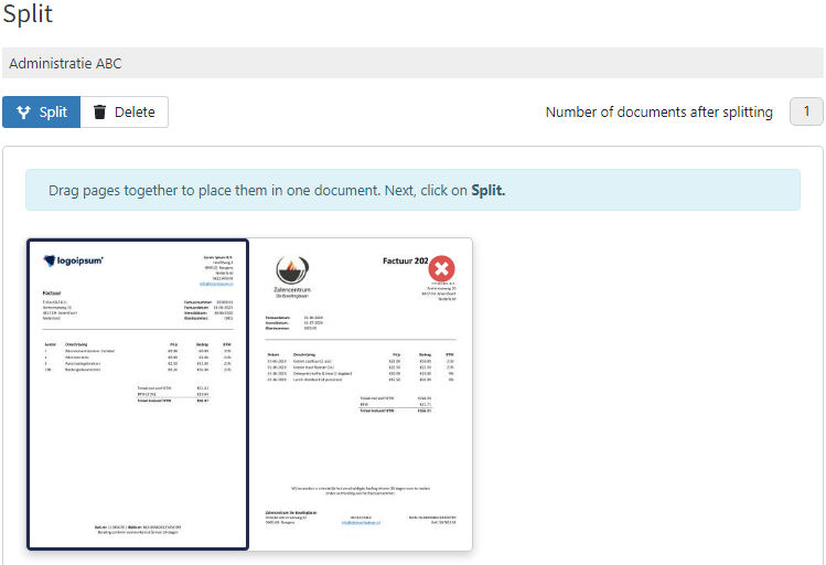 Splitting document in TriFact365