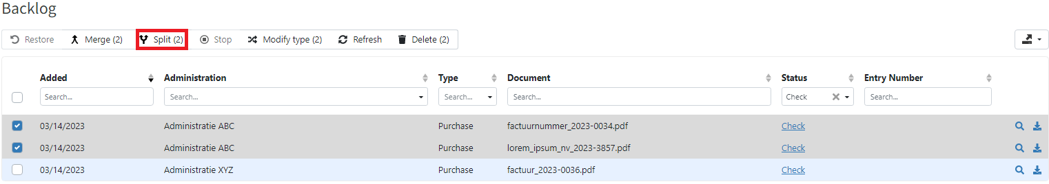 Splitting documents in bulk from backlog in TriFact365
