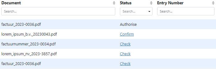 Column Document, Status and Entry Number in the TriFact365 backlog