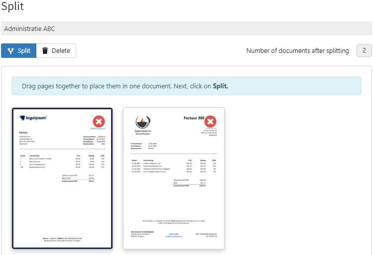 Splitting document in TriFact365