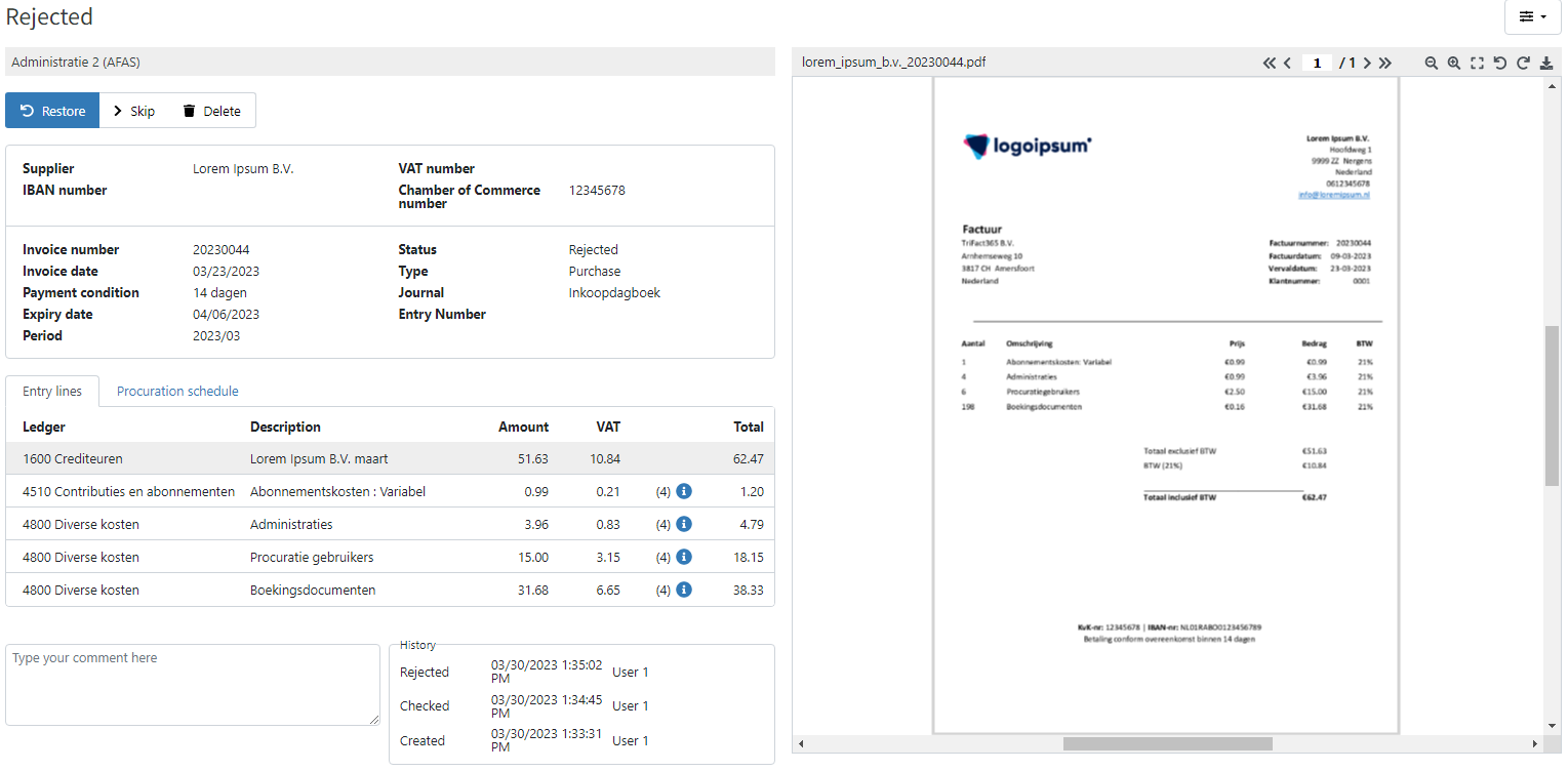 Rejected dcument/invoice in TriFact365 with option to restore, skip or delete the document.