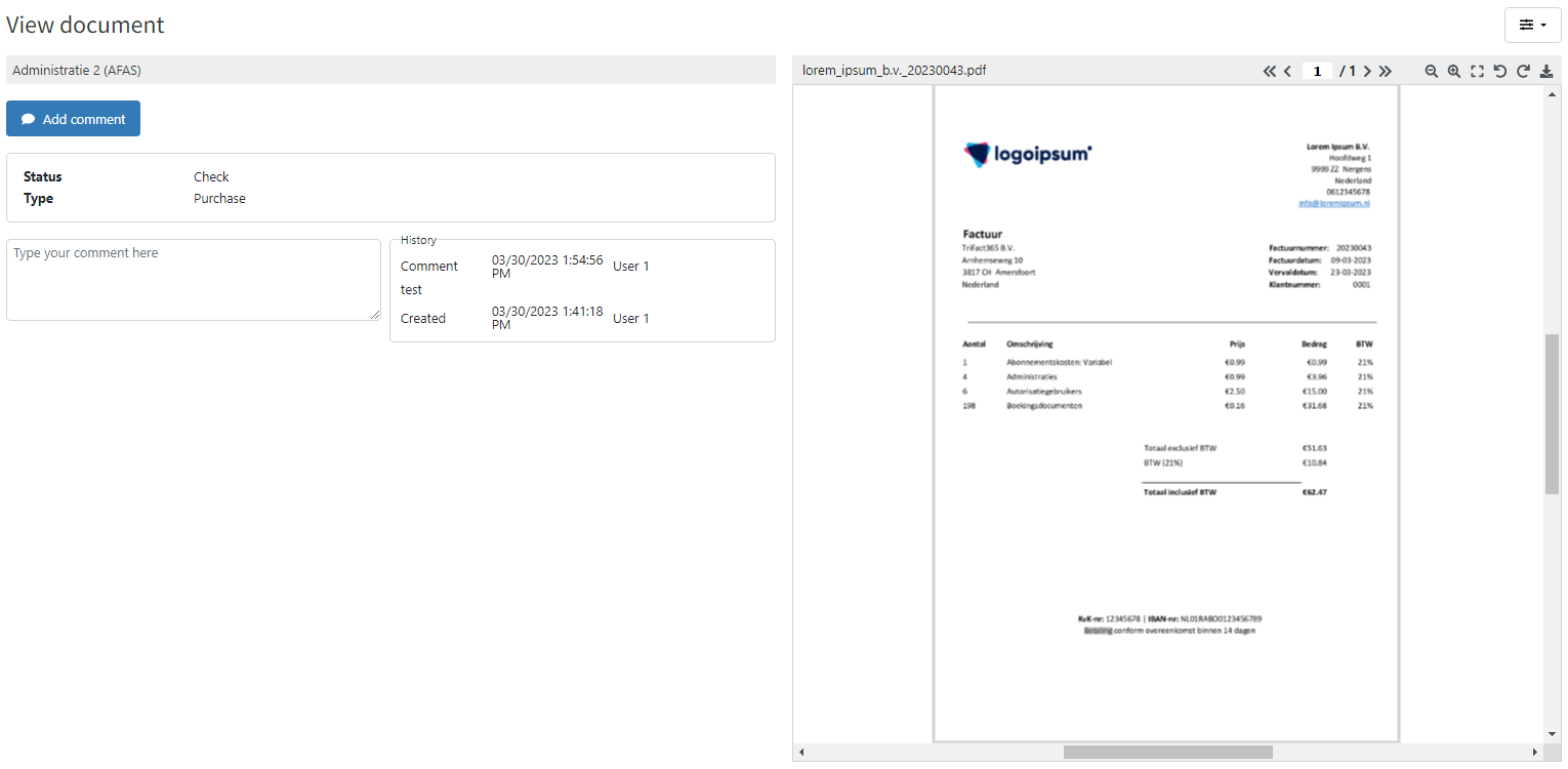 Printscreen of the "view document" page in TriFact365 that shows the document itself on the right side of the screen. On the left side the status, type and history of the document is shown. There is also an toption to add a comment