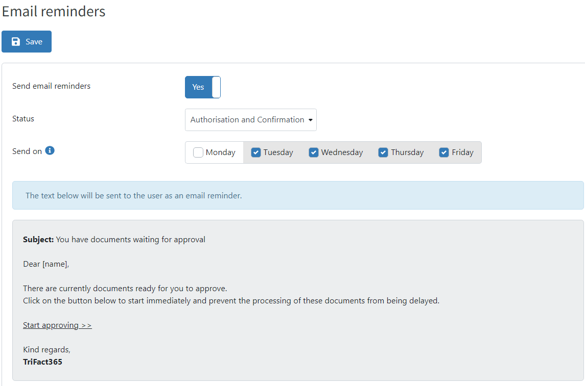 E-mail reminders setting in TrIFact365