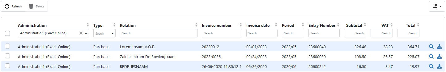 Digital archive: a table showing 3 documents with the following columns: Administratie, type, relation, invoice number, invoice data, period, entry number, subtotal, VAT, Total.
