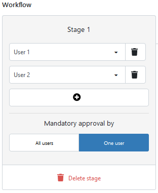 A workflow with a single stage, but two users. The options "mandatory approval by one user" is selected.