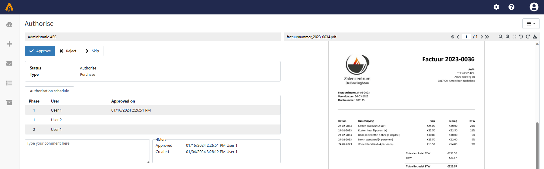 A print screen of the Authorise screen where a user can approve, reject or skip a document. There is also an option to add a comment and view if and when other users approved the invoice, view the inoice itself and view the history of the document (for example when it was uploaded.