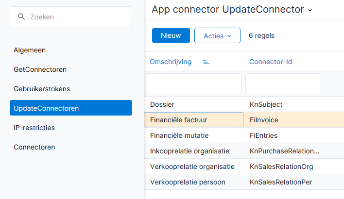 Benodigde updateconnectoren voor deblokkeren voor betaling in AFAS voor TriFact365, tabblad UpdateConnectoren, knSubject, FiInvoice, FiEntries, knPurchaserelation, KnSalesRelationOrg, KnSalesRelationPer