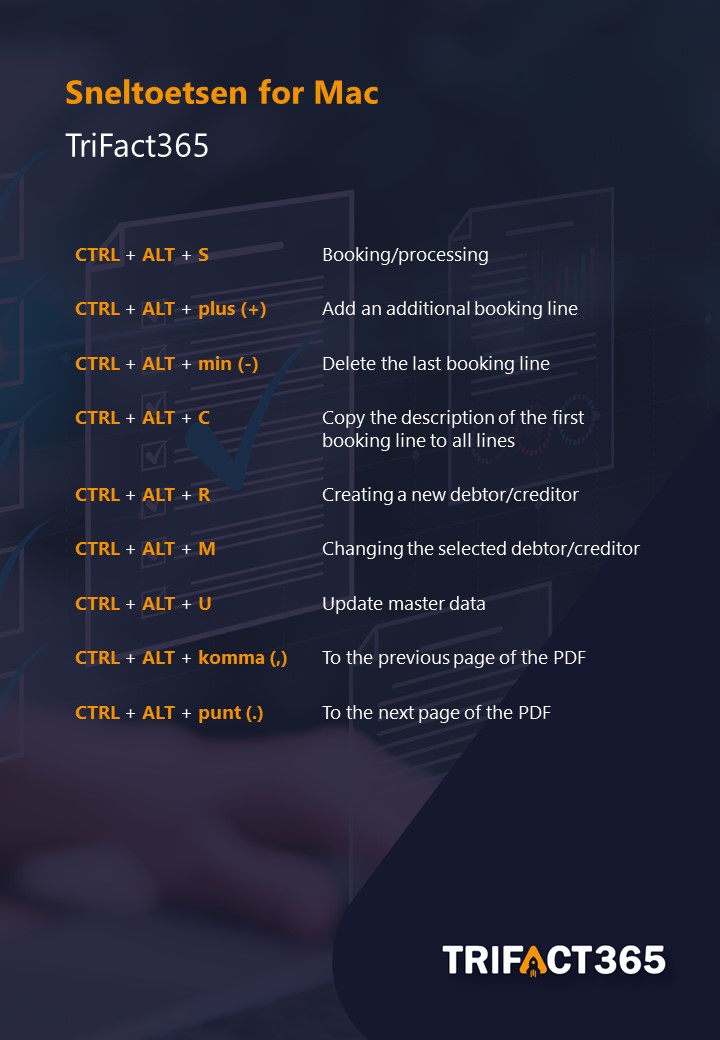 Hotkeys for Mac
in TriFact365
CTRL + ALT + S Booking/processing
CTRL + ALT + plus (+) Add an additional booking line
CTRL + ALT + minus (-) Delete the last booking line
CTRL + ALT + C Copy the description of the first booking line to all lines
CTRL + ALT + R Create a new debtor/creditor
CTRL + ALT + M Modify the selected debtor/creditor
CTRL + ALT + U Update master data
CTRL + ALT + comma (,) Go to the previous page of the PDF
CTRL + ALT + period (.) Go to next page of PDF