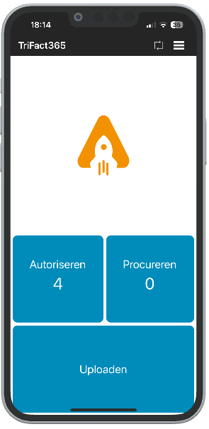 Dashboard van TriFact365 app, knop voor autoriseren, knop voor procureren en knop voor uploaden van kassabonnetjes