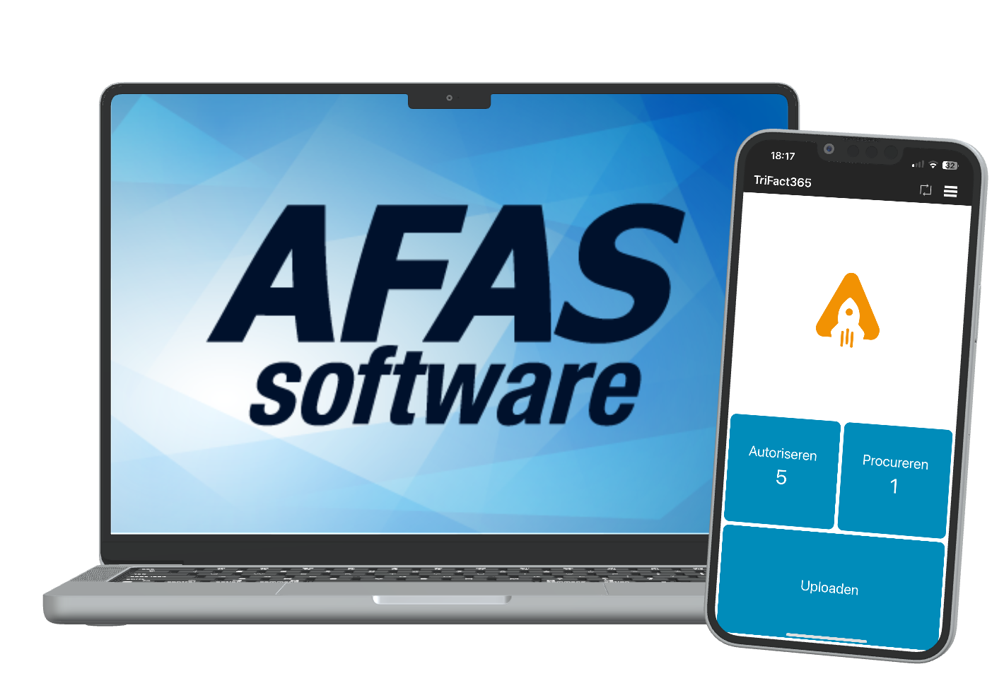 Laptop met AFAS logo met daarnaast een smartphone met de TriFact365 app