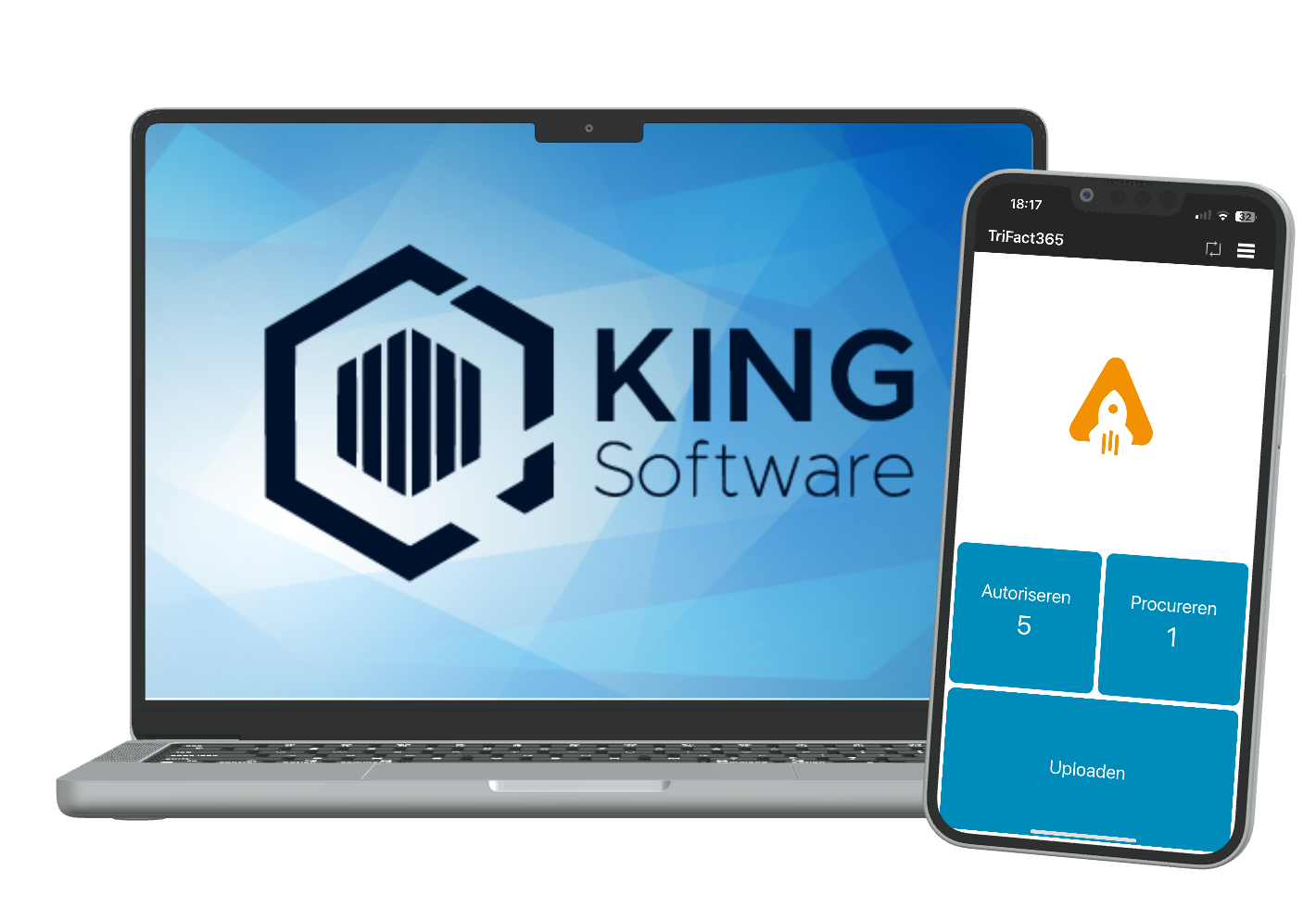 Laptop met King software logo met daarnaast een smartphone met de TriFact365 app