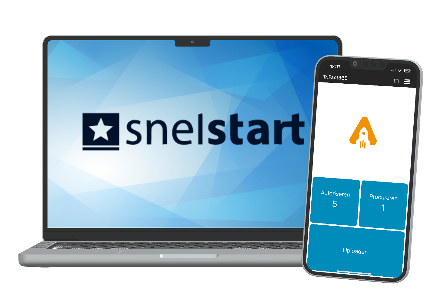 Laptop met SnelStart logo met daarnaast een smartphone met de TriFact365 app