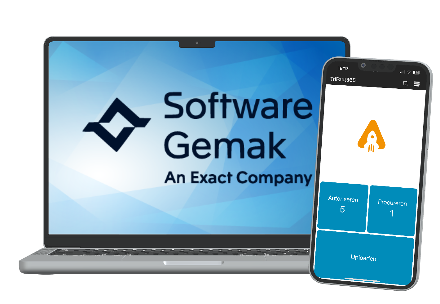 Laptop met Software Gemak logo met daarnaast een smartphone met de TriFact365 app