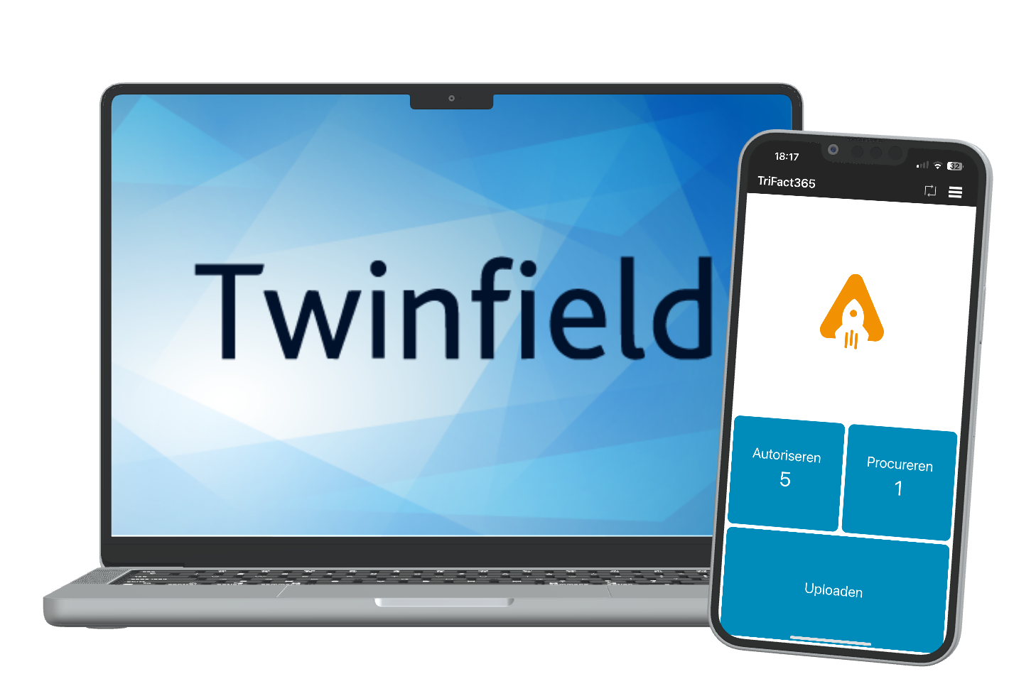 Laptop met Twinfield logo met daarnaast een smartphone met de TriFact365 app