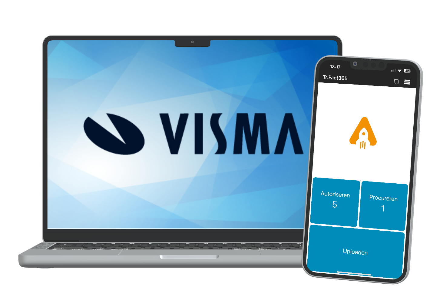 Laptop met Visma logo met daarnaast een smartphone met de TriFact365 app