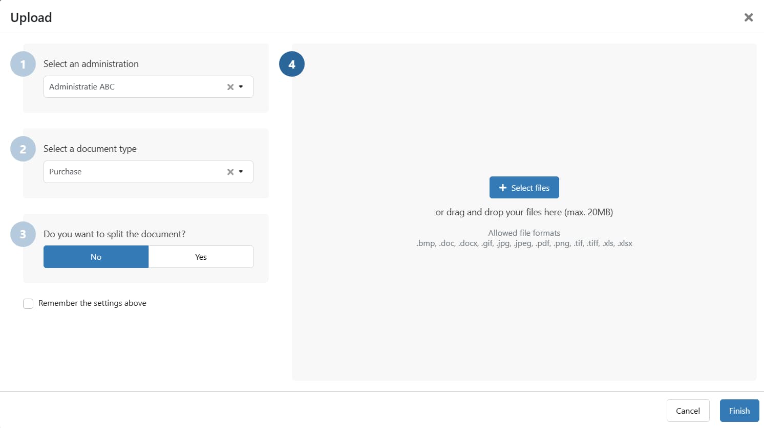 A printscreen of the new upload option in the webportal of TriFact365. There are three input fields: 1. Select an administration, 2. Select a document type, 3. Do you want to sp;lit the docyument?. Below  those input options you can check the box "remember the settings above. To the right you can click to select (files) to upload, or drag and drop files.