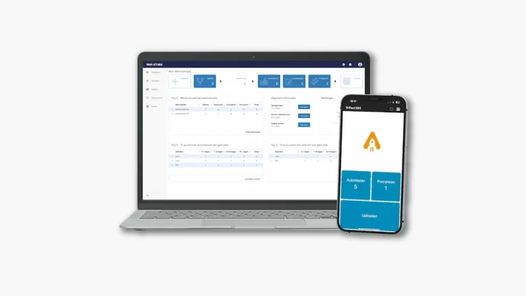 Weergave van een laptop en een telefoon met daarop de software van TriFact365 in gebruik. De software van TriFact365 is ideaal voor het digitaal declareren.