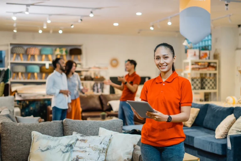 Lachende vrouw staat in de winkel met een tablet in haar hand, zodat het lijkt alsof ze druk is met Boekhouden in Excel.