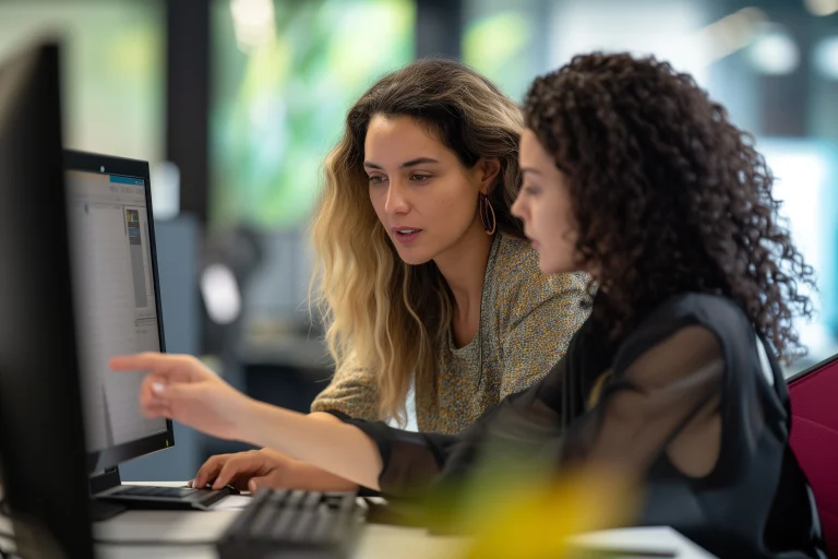 Twee vrouwen werken achter een computer met de geavanceerde chatbot van Google Bard.