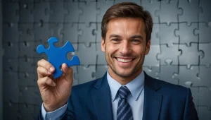 Lachende man houdt een puzzelstukje vast, wat symboliseert dat Peppol het ontbrekende puzzelstukje is in internationale communicatie