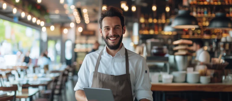 Man die werkzaam is in de horeca, houdt een tablet vast, terwijl hij lachend in de camera kijkt. Het is net alsof hij lacht om de veelzijdigheid van de toepassingen van de technologie van OpenAI.