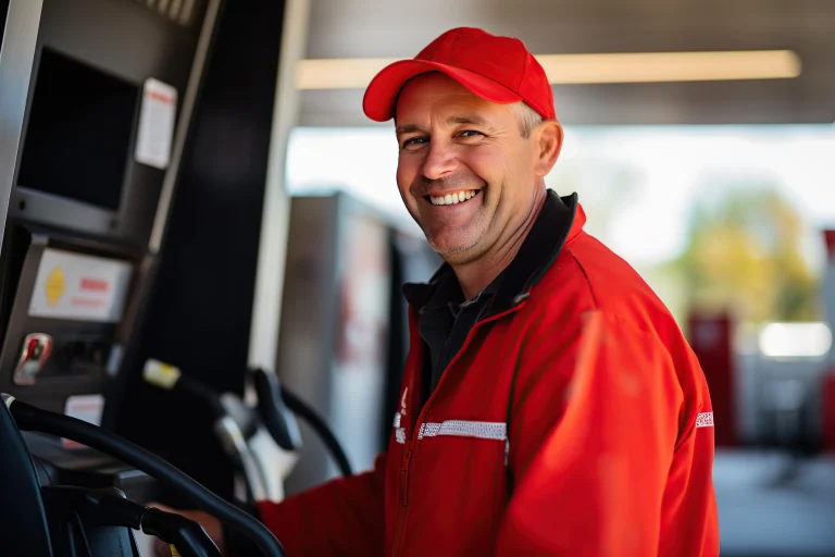 Een man lacht terwijl hij zijn auto voltankt en daarvoor van zijn werkgever een reiskostenvergoeding ontvangt.