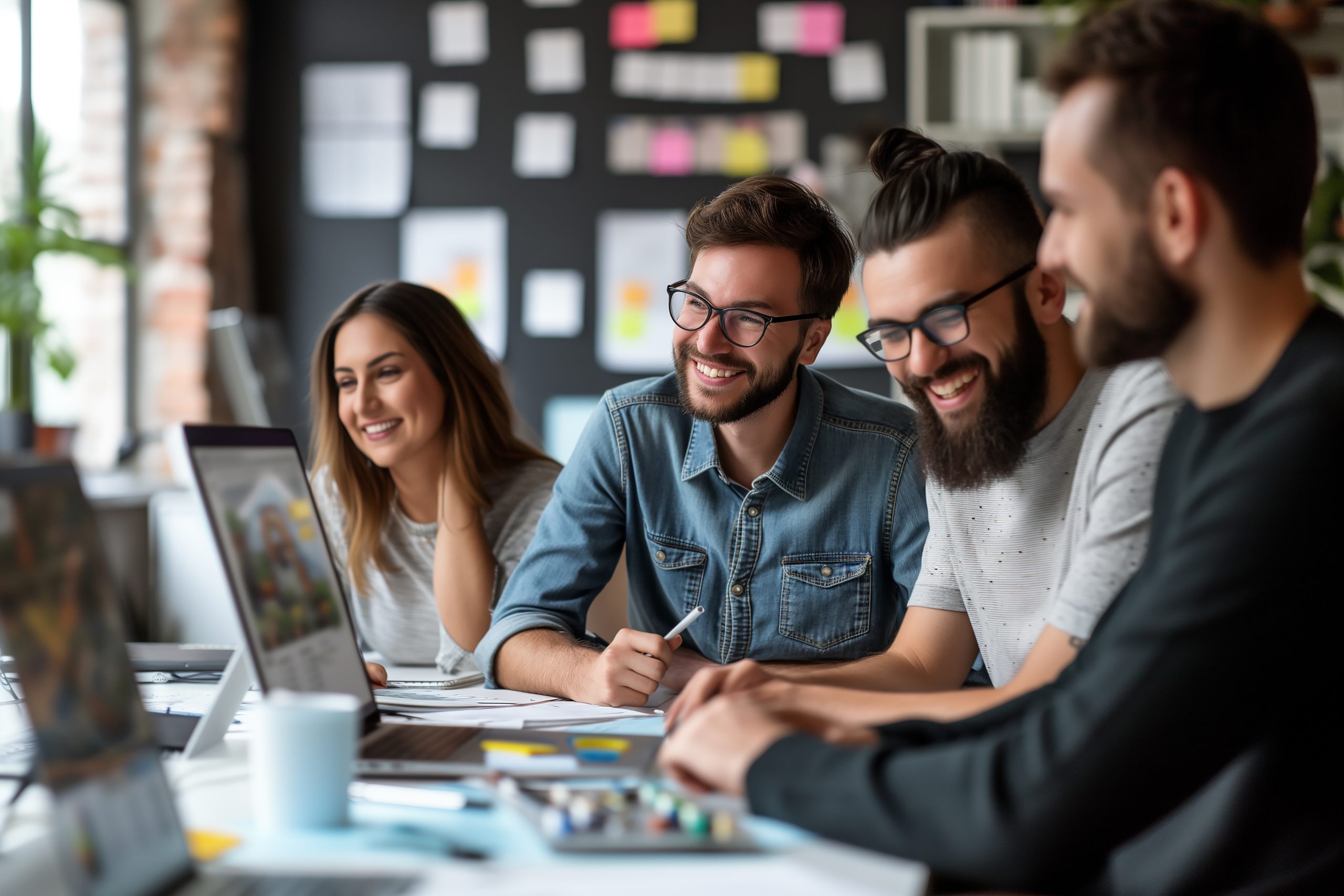 A group of smiling people sit at a table, working on laptops with Google Documents open.