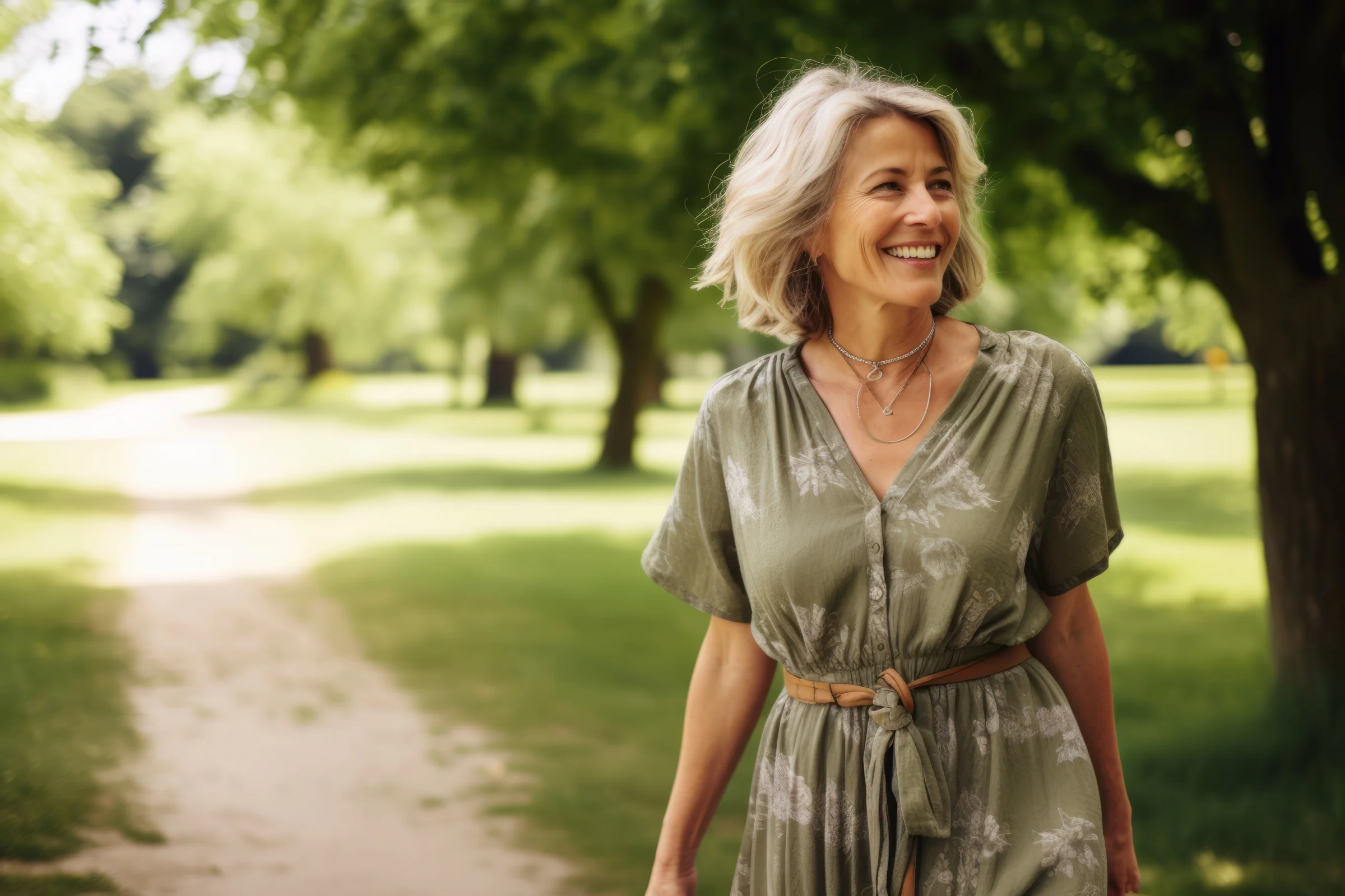 Une femme se promène en souriant dans la nature, grâce aux principes durables de la SEG.