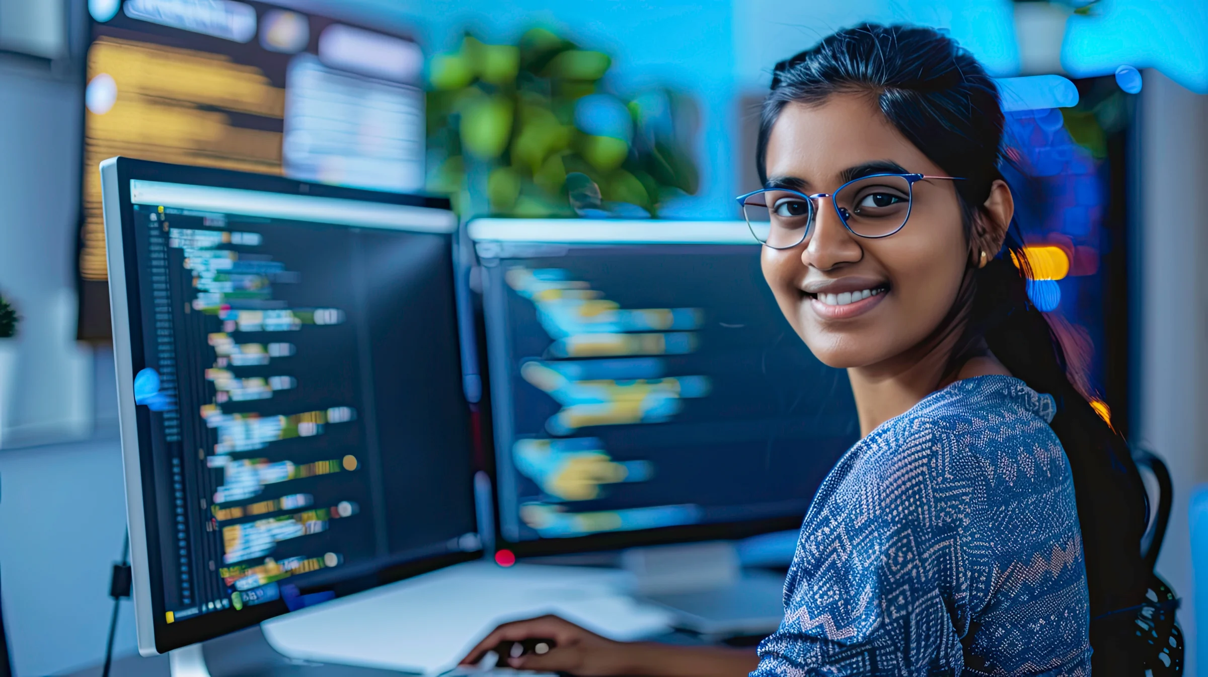 A woman smiles and works at a computer with software culled from computer vision.