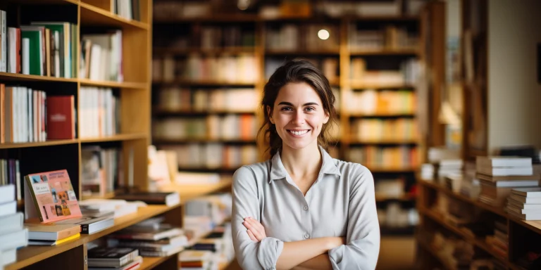 Een vrouw kijkt lachend in de camera, terwijl ze in een archief staat wat overgezet kan worden naar Online Archieven.