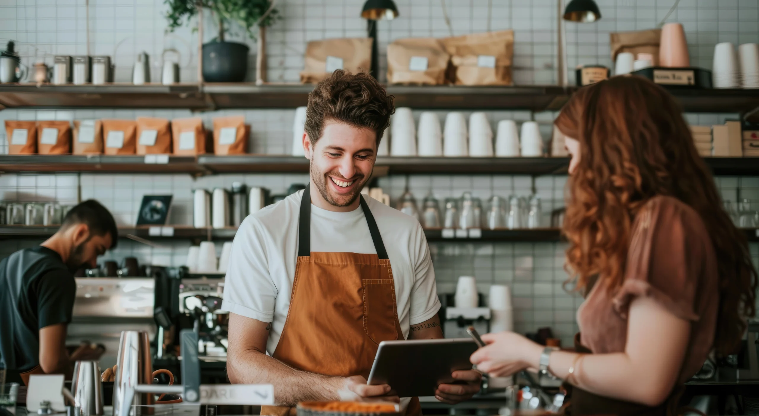 Man and woman have an interaction in a coffee shop, where it seems the man gets an answer to the question, "What is my VAT number?"