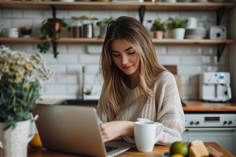 Vrouw zit in de keuken achter haar laptop terwijl ze druk is met haar IBAN.