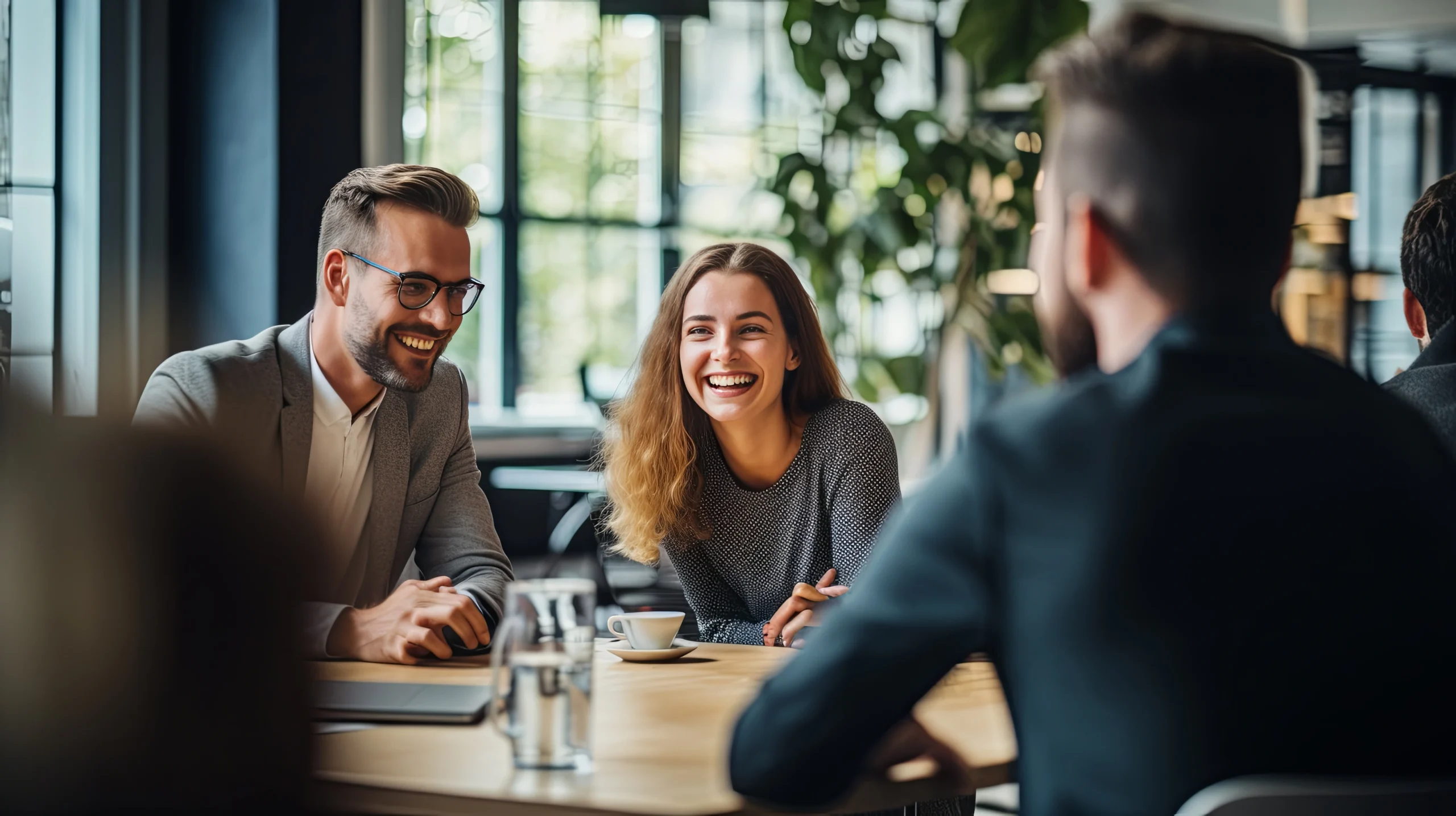 A man a a woman from a company's procurement department, sit smiling at the table.