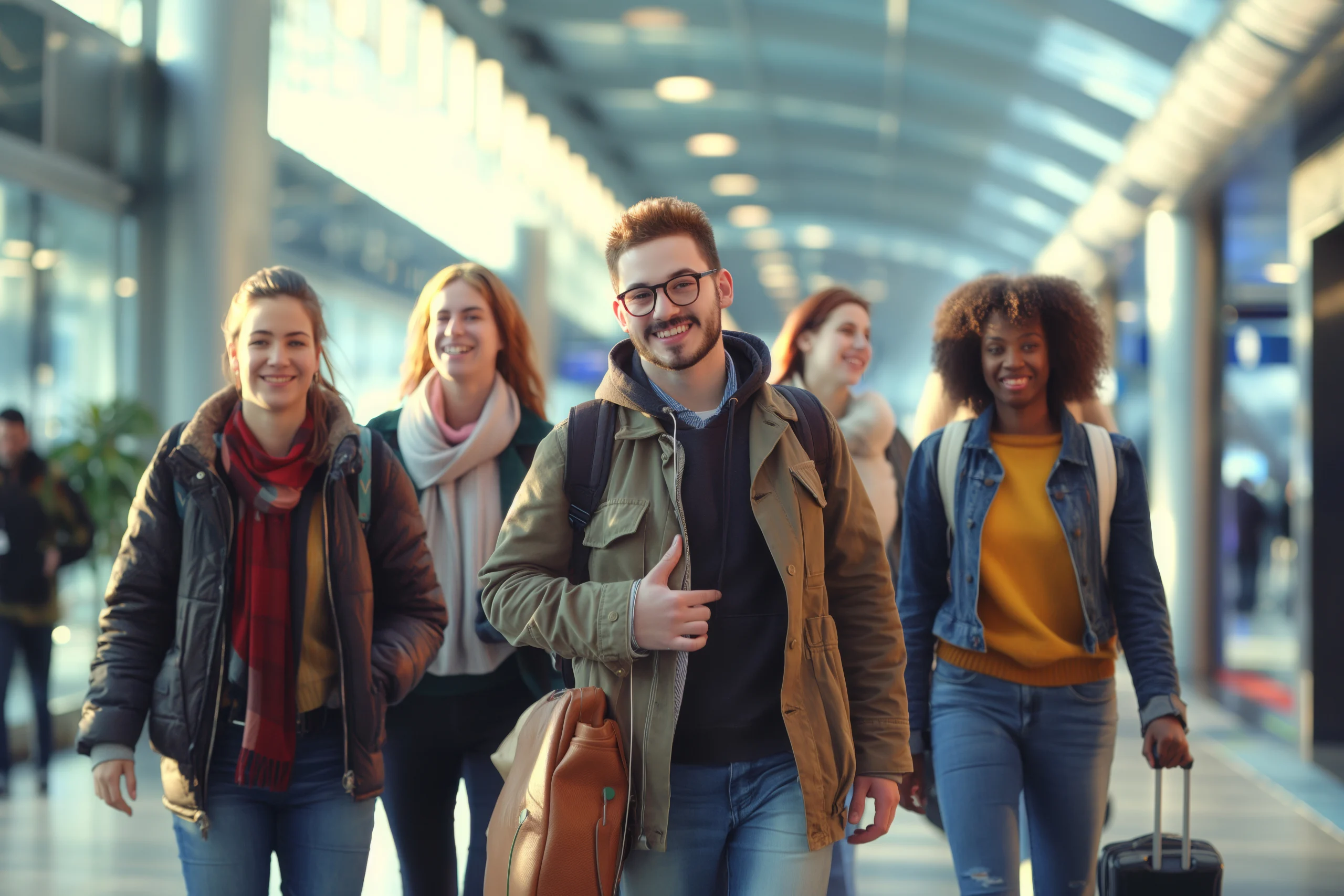 Smiling people walk at the station to go on a trip, as if they are taking advantage of the WKR in 2024.