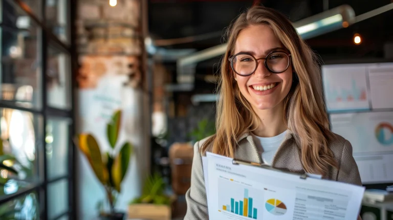 Een vrouw kijkt lachend in de camera terwijl zij een aantal papieren vasthoud waarop de Kasstromen van haar bedrijf staan.