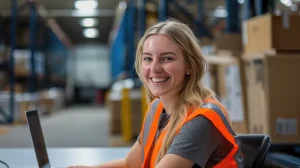 Een vrouw lacht naar de camera terwijl ze nadenkt over Wat is een inkooporder en waarom is het belangrijk?