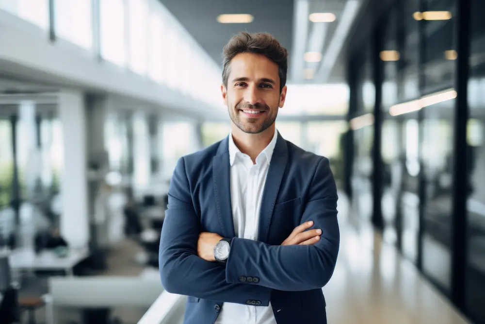 Een man kijkt lachend in de camera en denkt na over Business Intelligence (BI)