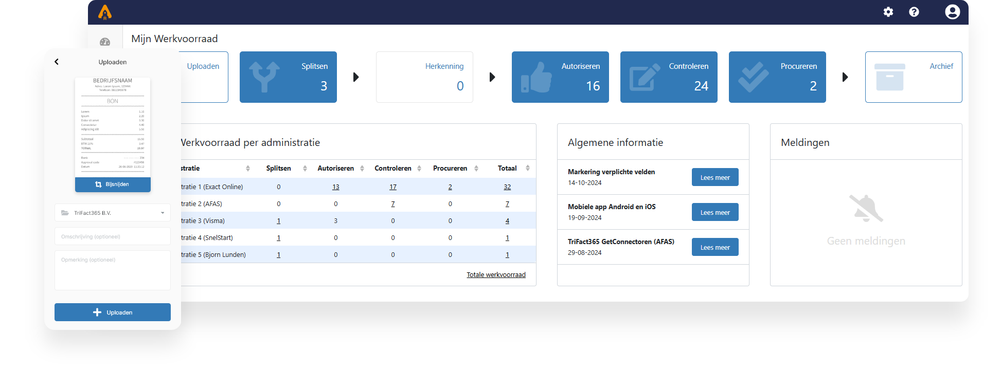 Een schermafbeelding van de TriFact365 mobiele app en TriFact365 webportal